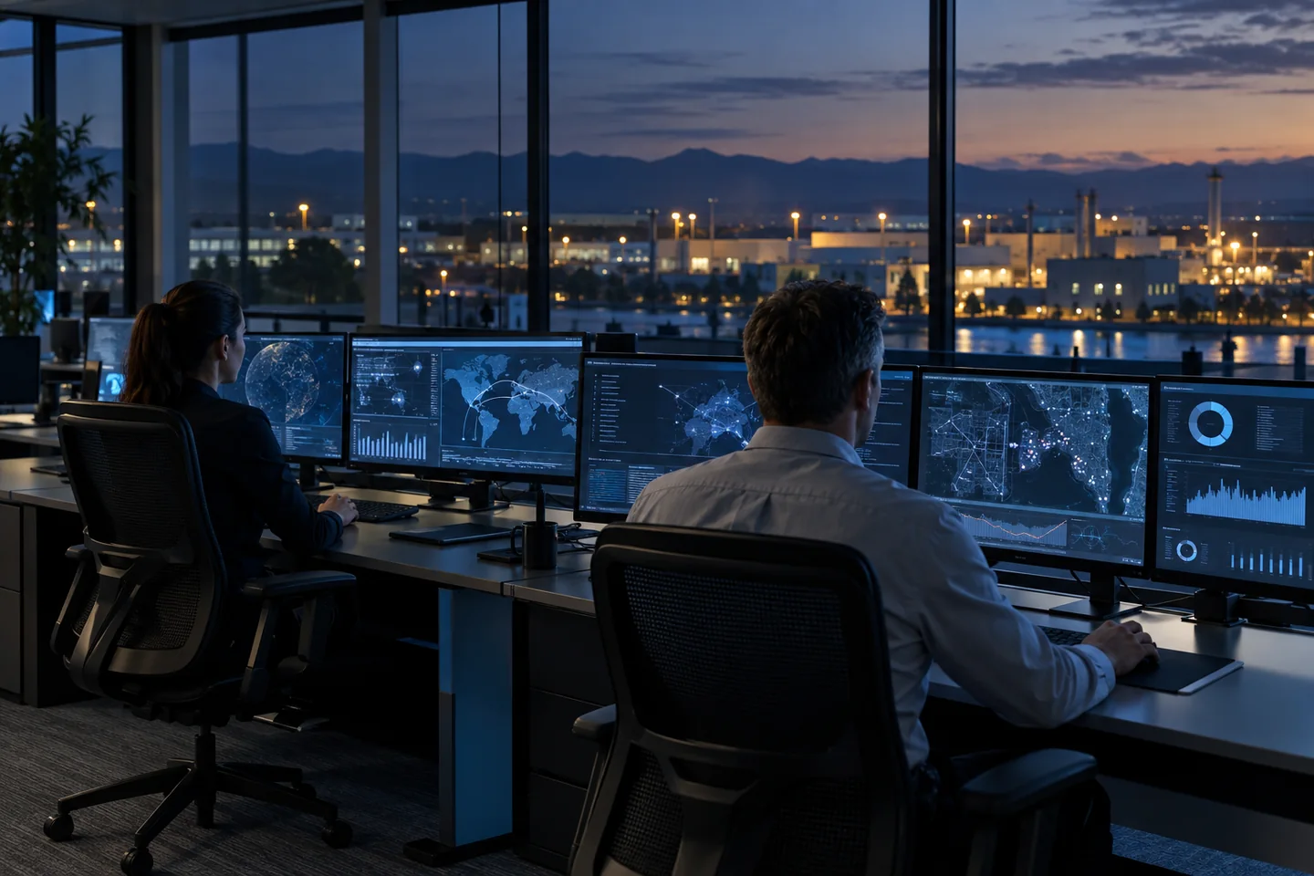 Illustration of a corporate control room for assessing security events
